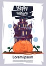 Happy Halloween Gothic Castle With Ghosts And Pumpkin Holiday Greeting Card Concept