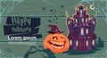 Happy Halloween Gothic Castle With Ghosts And Pumpkin Holiday Greeting Card Concept Royalty Free Stock Photo