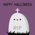 Happy Halloween. Grave stone cemetery cross. Tombstone icon. RIP. Black grass silhouette. Graveyard. Green color. Cute cartoon boo Royalty Free Stock Photo