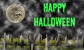 Happy Halloween - spooky graveyard with mist, large moon and bat silhouettes Royalty Free Stock Photo