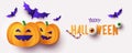 Happy Halloween greeting banner, card or party invitation with Holiday calligraphy, cutest pumpkins and bats on white background Royalty Free Stock Photo