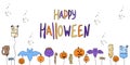 Happy Halloween greeting banner with funny characters of balloons. Cute pumpkins, bats, zombies and mummies vector illustration.