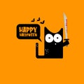 Happy halloween greeting card or banner with Black cat holding ninja katana knife isolated on orange background. Funny