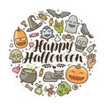 Happy Halloween greeting card or banner. Holiday icons set. Cartoon vector illustration Royalty Free Stock Photo