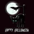 Happy Halloween greeting card with black cat, moon and bats on dark background Royalty Free Stock Photo