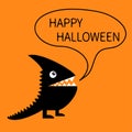 Happy Halloween greeting card. Black silhouette monster with sharp tail, horn, fang tooth, eye. Talking thinking bubble