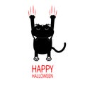 Happy Halloween Greeting card. Cartoon black cat. Back view with head. Red bloody claws animal scratch scrape track. Cute funny ch