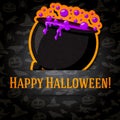 Happy halloween greeting card with cauldron and