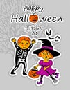 Happy Halloween. A greeting card. Cute Cartoon characters. Funny little children in colorful costumes Royalty Free Stock Photo