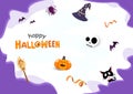 Happy Halloween greeting card, decorate festival party celebrate holiday poster, cartoon character flat design invitation vector Royalty Free Stock Photo