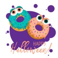 Flat vector illustration of cute halloween doughnut. Monsters donuts with big eyes isolated on background. Happy