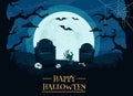 Happy Halloween greeting card with graveyard, skulls, full moon, zombie hand, trees, bats.