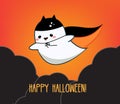 Happy halloween greeting card. Holiday banner with cute kawaii ghost flying in night sky