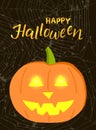 Happy Halloween greeting card with lettering and pumpkin. Royalty Free Stock Photo