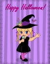 Happy Halloween greeting card of little cute naughty baby girl in witch dress