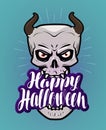 Happy Halloween, greeting card. Monster with horns, devil, demon cartoon. Handwritten lettering, calligraphy vector