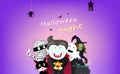 Happy Halloween, greeting card, night party, vampire, witch, mummy, bat, spider, cat and pumpkin cartoon characters background Royalty Free Stock Photo