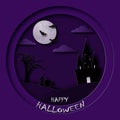 Happy Halloween. Greeting card in paper cut style. Castle, cemetery, bats and the moon on the night sky background Royalty Free Stock Photo