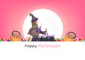 Happy Halloween, greeting card party invites, witch and magic with full moon, pumpkin sweet candy, celebration background vector Royalty Free Stock Photo