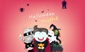 Happy Halloween greeting card party, vampire, witch, mummy, bat, spider, cat and pumpkin, cartoon characters invitation poster Royalty Free Stock Photo