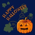 Happy Halloween Greeting Card With Pumpkin. Vector Illustration On Dark Blue Background Royalty Free Stock Photo