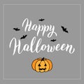 Happy Halloween greeting card with scary pumpkin and bats. Halloween text on dark background. Trendy typography template.