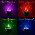 Happy Halloween greeting card set. Witch cauldron with boiling sparkling potion Royalty Free Stock Photo