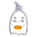 Happy Halloween Greeting card. Smiling ghost with holiday cap holding orange pumpkin. Cute Little Ghost sketch. Funny Royalty Free Stock Photo