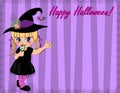 Happy Halloween greeting card template of cute baby girl in witch dress costume