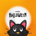 Happy halloween greeting card template with cute black cat with full moon illustration with orange night background Royalty Free Stock Photo