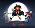 Happy Halloween greeting card text. Witch on broom, mummy and vampire in night Royalty Free Stock Photo