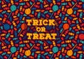 Happy Halloween greeting card. Trick or treat concept poster. Traditional holiday sweets pattern. Kids backdrop template Royalty Free Stock Photo