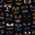 Funny monsters seamless pattern. Halloween holiday character silhouettes background. Vampires, skeletons, demons stencil