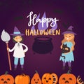 Happy Halloween greeting card, vector illustration. Girls witches in a fancy dress with pumpkins, cat, broom and magic Royalty Free Stock Photo