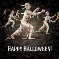 Happy halloween greeting card with walking mummies