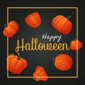 Happy halloween greeting card. Yellow square frame with orange pumpkins.