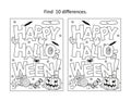 `Happy Halloween!` greeting difference game and coloring page