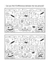 `Happy Halloween!` greeting message find 10 differences picture puzzle and coloring page