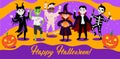 Happy Halloween greetings card with diverse cute and funny characters in costumes Royalty Free Stock Photo