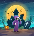 Happy halloween grim reaper character holding scythe with dark night castle and moon Royalty Free Stock Photo