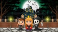 Happy halloween group celebrate in front of haunted house Royalty Free Stock Photo