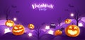 Happy Halloween. Group of 3D illustration glowing Jack O Lantern pumpkin on treat or trick fantasy fun party celebration purple Royalty Free Stock Photo