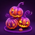 Happy Halloween. Group of 3D illustration glowing Jack O Lantern pumpkin purple background design. Generative ai Royalty Free Stock Photo
