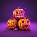 Happy Halloween. Group of 3D illustration glowing Jack O Lantern pumpkin purple background design. Generative ai Royalty Free Stock Photo