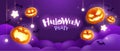 Happy Halloween. Group of 3D illustration glowing pumpkin on treat or trick fun party celebration purple background design