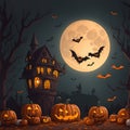 Happy Halloween. Group illustration glowing pumpkin on treat or trick fantasy fun party celebration dark night background design. Royalty Free Stock Photo