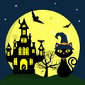 Happy Halloween. A Halloween cat in a witch hat sits on the background of a full moon. Tree, pumpkin, bats, spider webs and spider Royalty Free Stock Photo