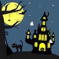 Happy Halloween. The Halloween feline witch stands next to the broom. Witch Castle, pumpkin, tree, spider, full moon at night. Fly