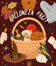 Happy Halloween. Halloween party poster in cartoon style. Bright festive vector burgundy autumn poster with composition with