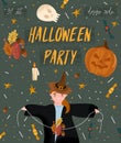 Happy Halloween. Halloween party poster in cartoon style. Bright festive vector emerald poster with girl in costume of witch,